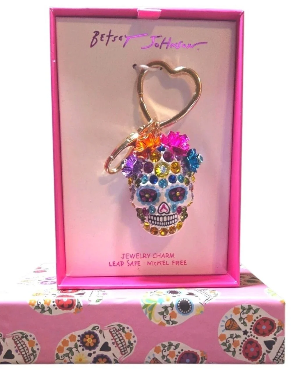Betsey Johnson Halloween Jewel Encrusted Sugar Skull Keychain Bag Charm, NIB